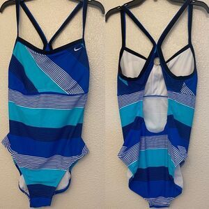 Nike Striped navy blue cross back one piece swim suit bathing suit 14